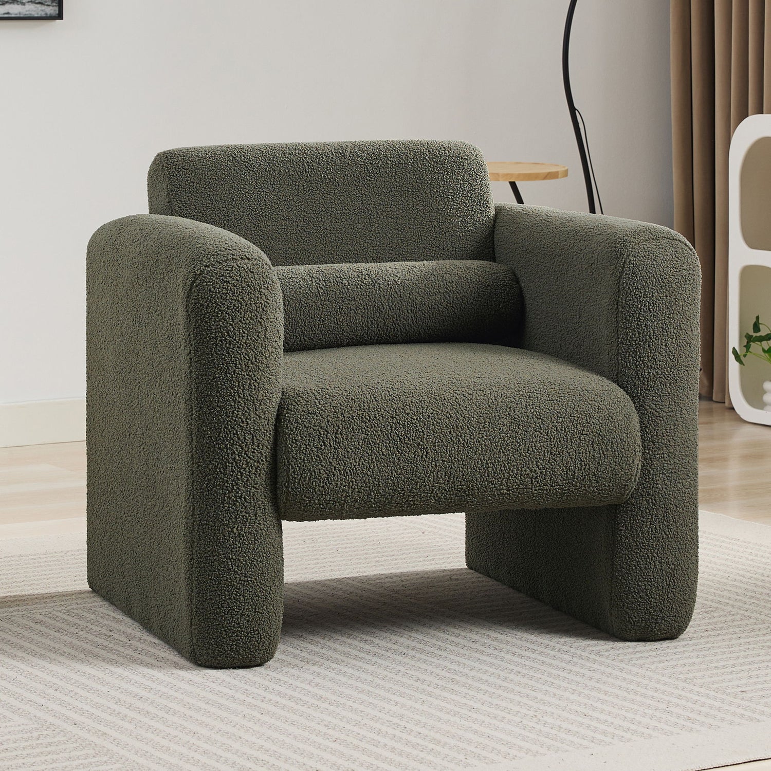 Modern Accent Chair Lambskin Sherpa Fabric Upholstered Comfy With Pillow
