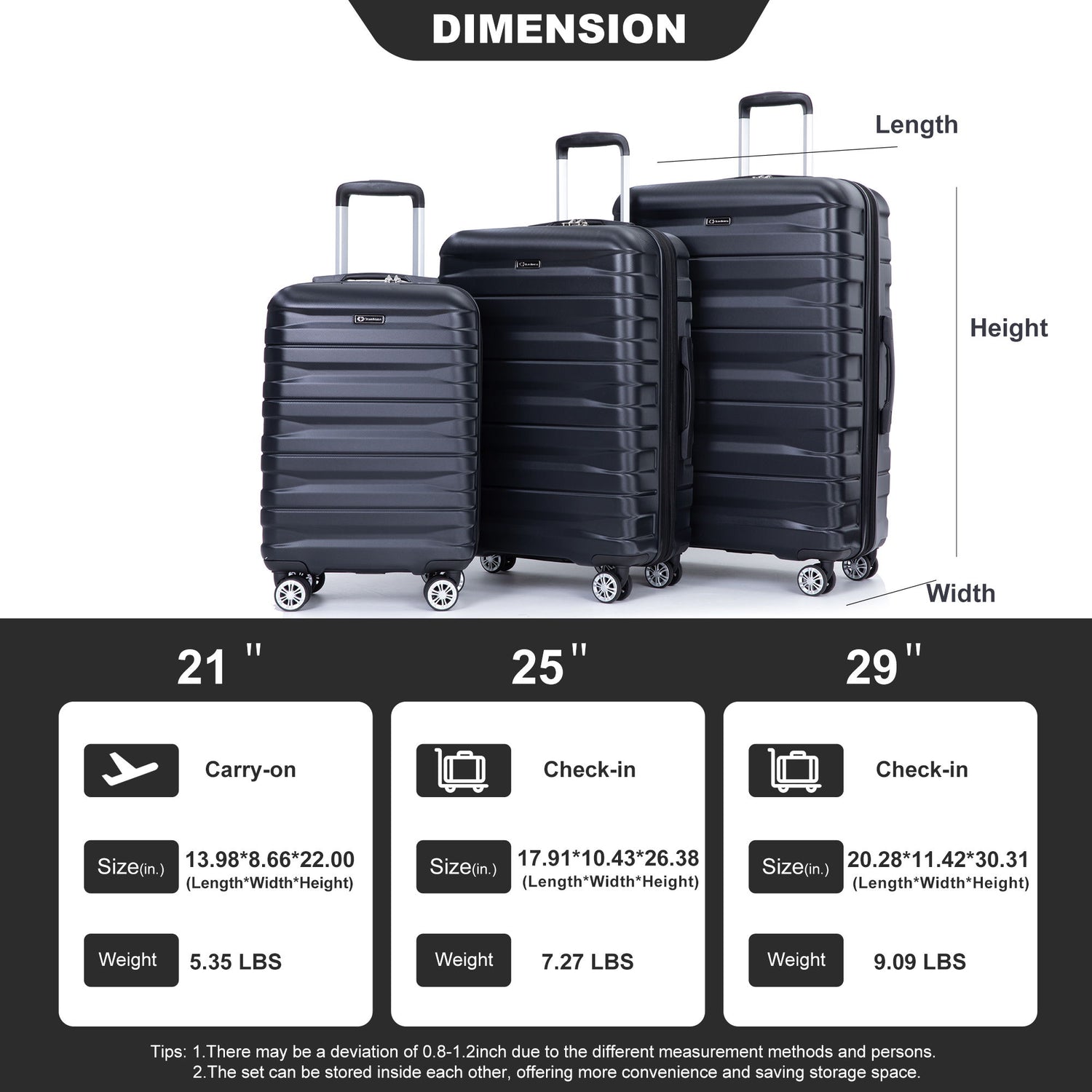 3 Piece Luggage Sets Lightweight &amp; Durable Expandable Suitcase With Two Hooks