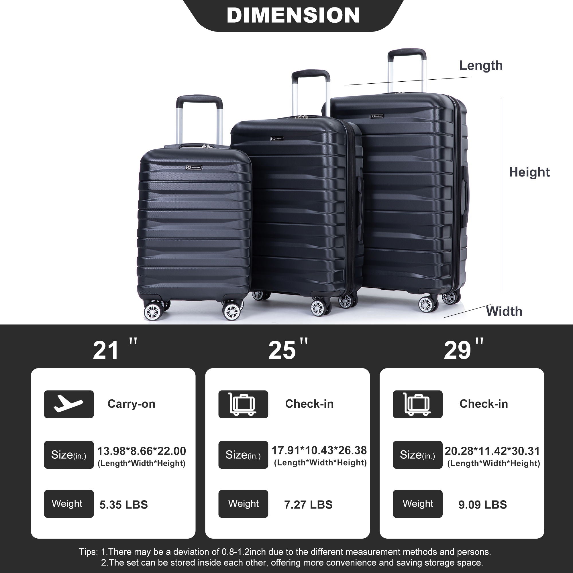3 Piece Luggage Sets Lightweight &amp; Durable Expandable Suitcase With Two Hooks