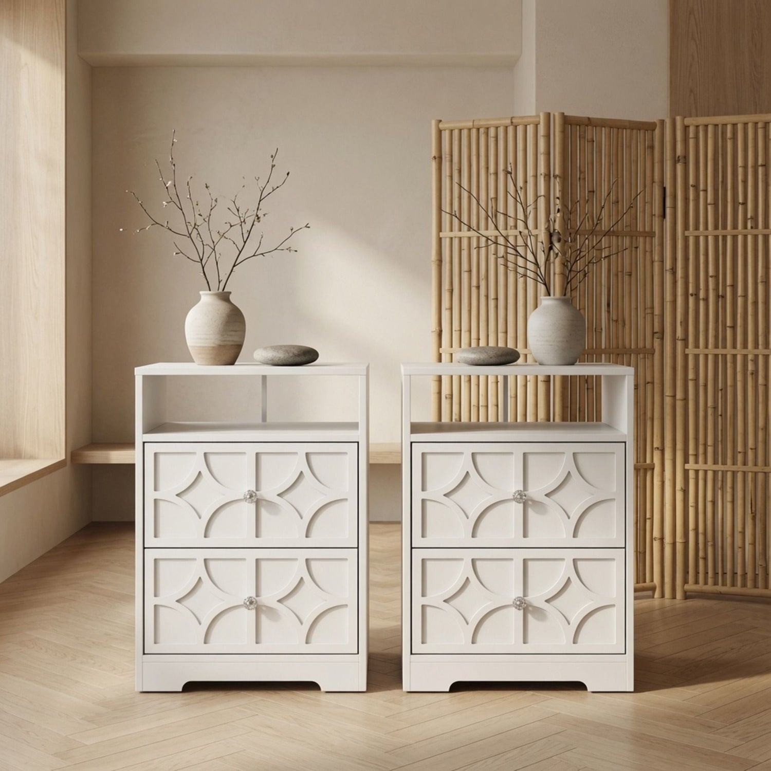 Nightstand With Diamond Carvings Handles, 2 Drawers &amp; Charging Station