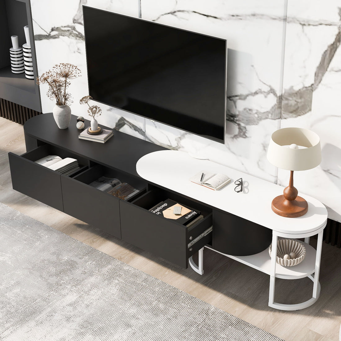 Modern Extendable TV Stand For TVs Up To 75&quot;, Entertainment Center Media Console With 3 Drawers, Metal Adjustable Legs For Living Room