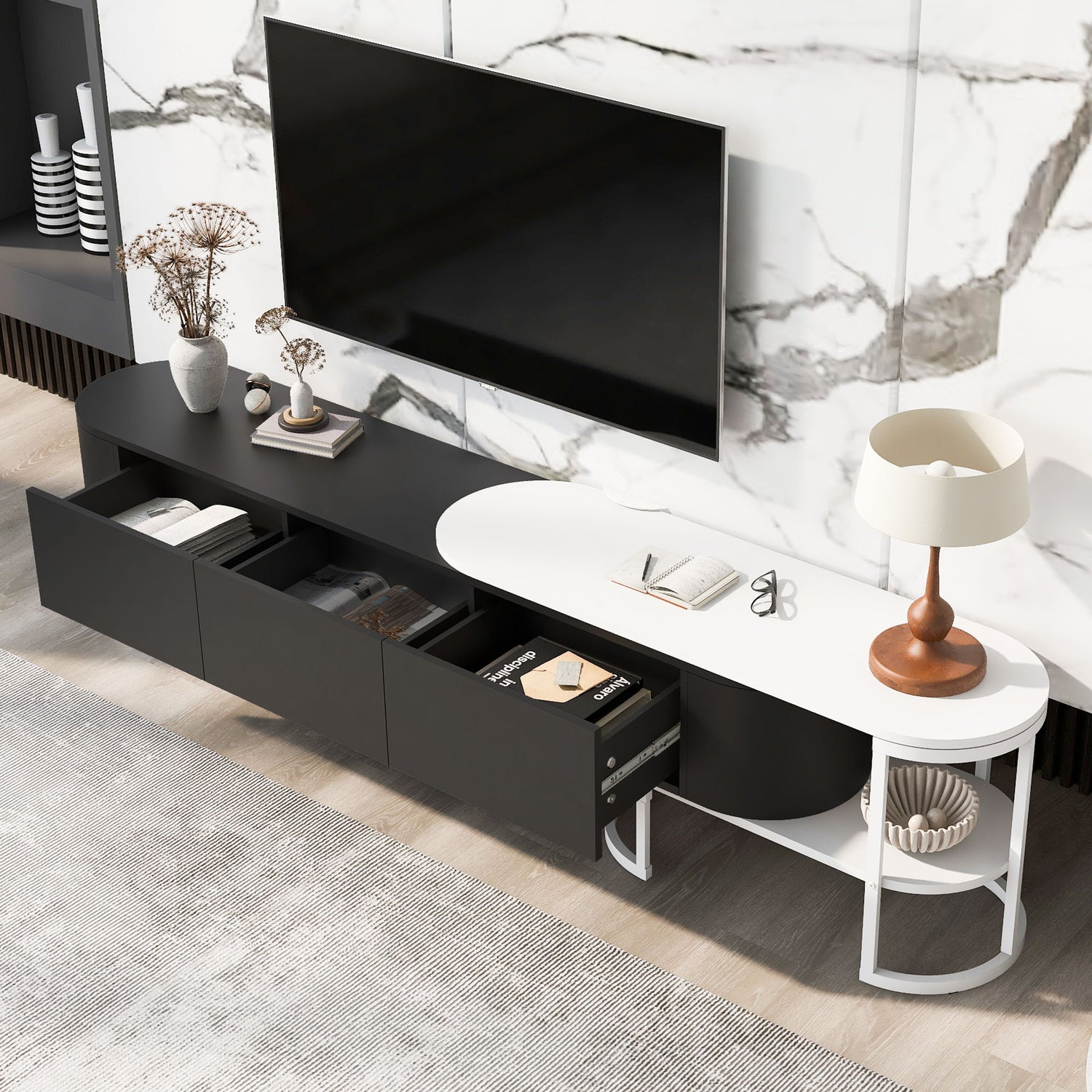 Modern Extendable TV Stand For TVs Up To 75&quot;, Entertainment Center Media Console With 3 Drawers, Metal Adjustable Legs For Living Room