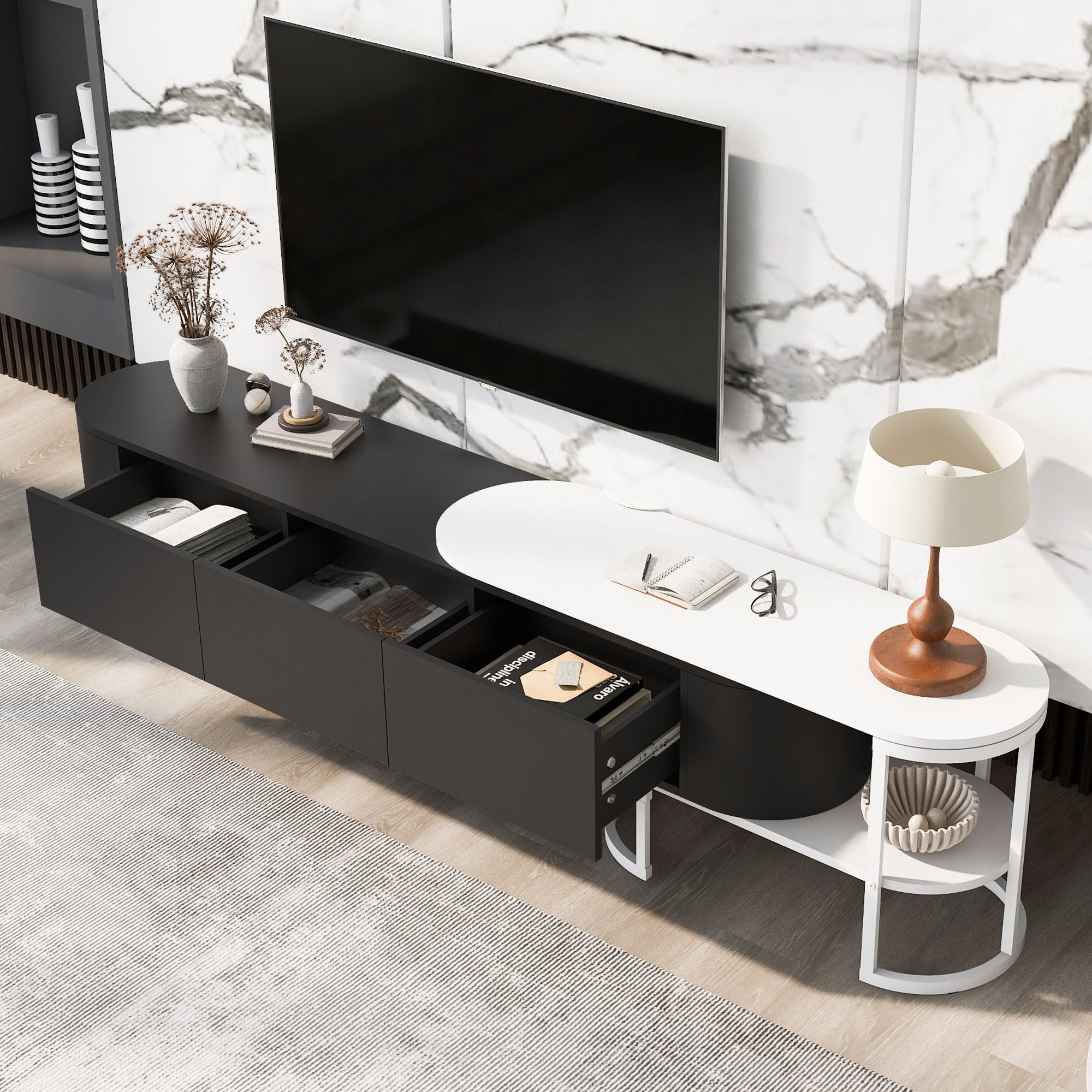 Modern Extendable TV Stand For TVs Up To 75&quot;, Entertainment Center Media Console With 3 Drawers, Metal Adjustable Legs For Living Room
