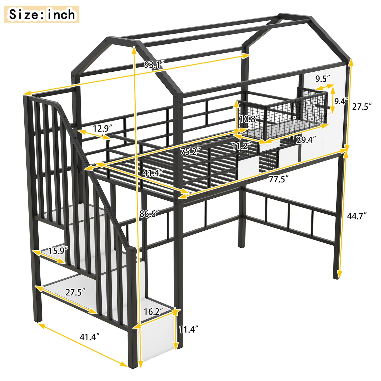 Metal Loft Bed With Roof Design And Storage Box With Guardrails And Integrated Ladder