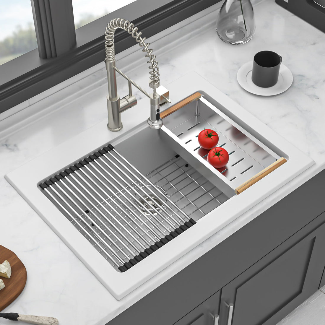 Quartz Kitchen Sink 30&quot; X 22&quot; Granite Composite Workstation Drop In Sink - White