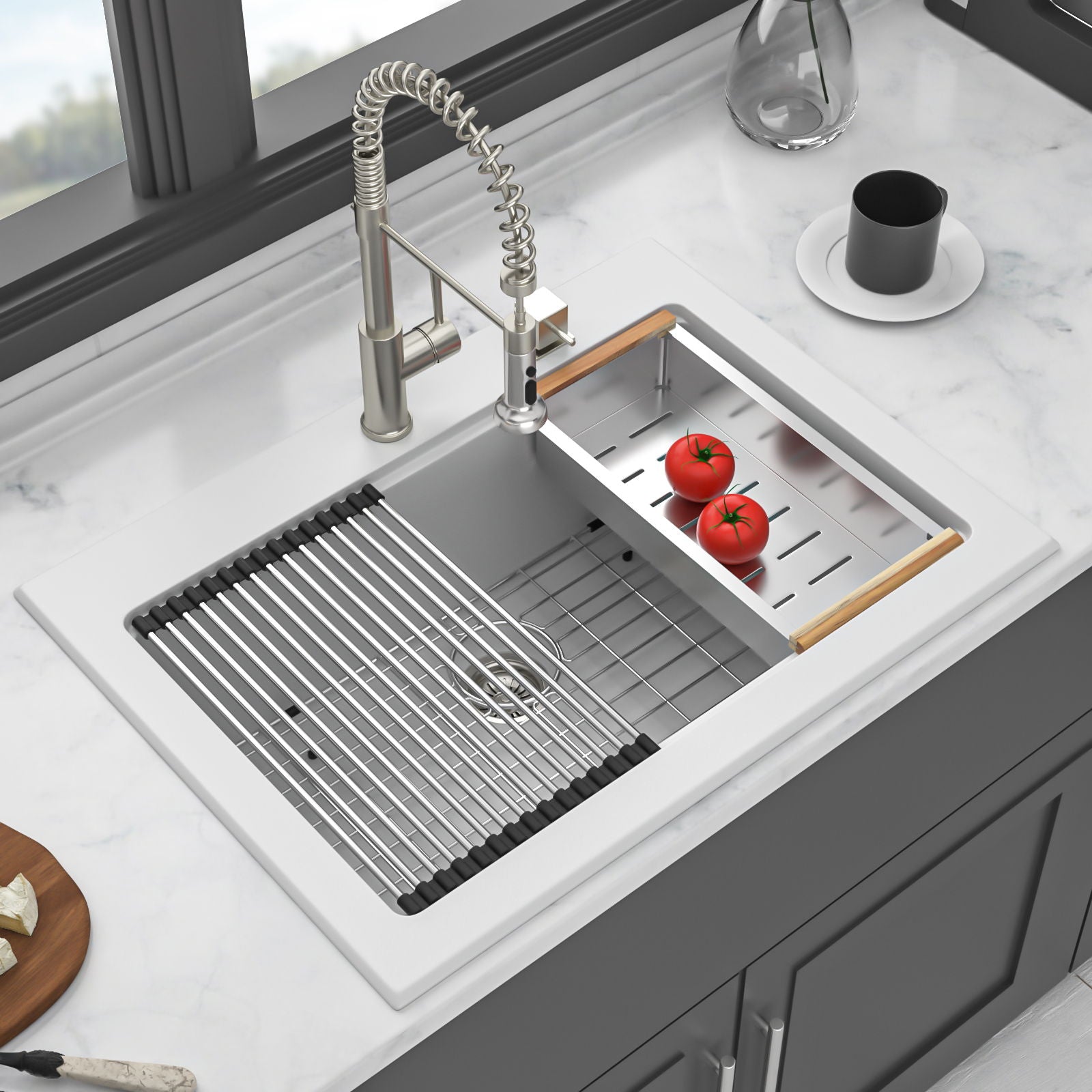 Quartz Kitchen Sink 30&quot; X 22&quot; Granite Composite Workstation Drop In Sink - White