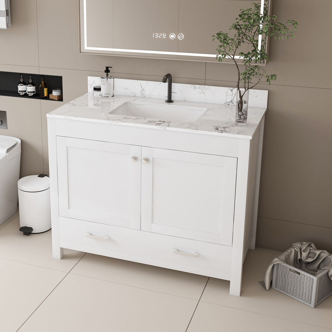 43&quot; Bathroom Vanity With Artificial Marble Carrara Top Set, Multi Functional Cabinet With Doors And Drawer - White