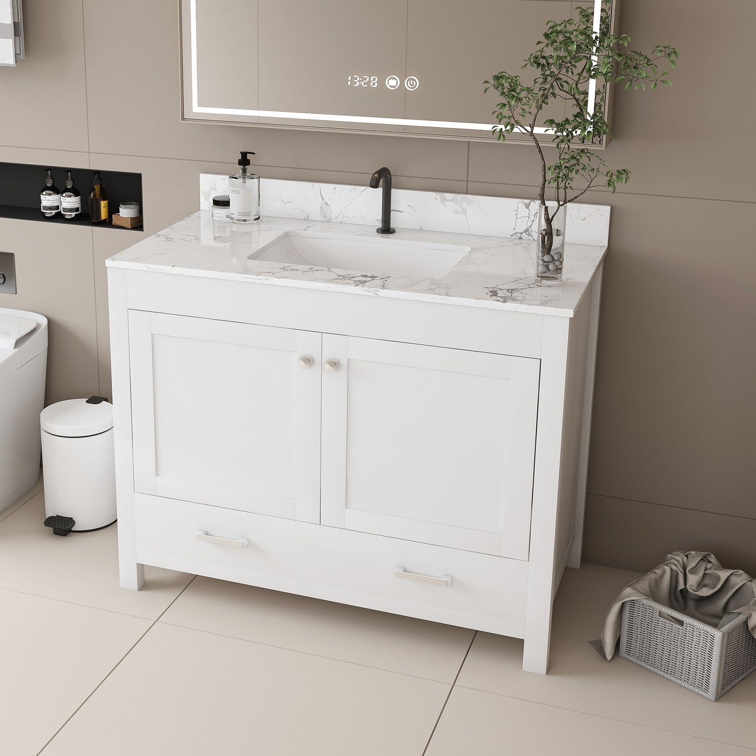 43&quot; Bathroom Vanity With Artificial Marble Carrara Top Set, Multi Functional Cabinet With Doors And Drawer - White
