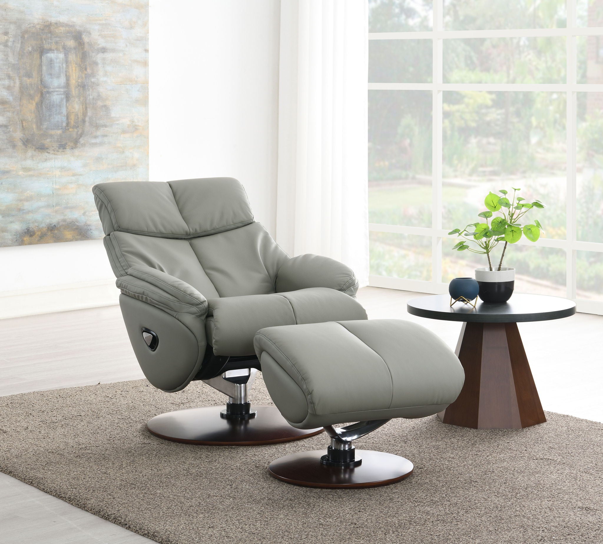 Kandoro - Top Grain Leather Accent Chair With Swivel &amp; Ottoman - Gray