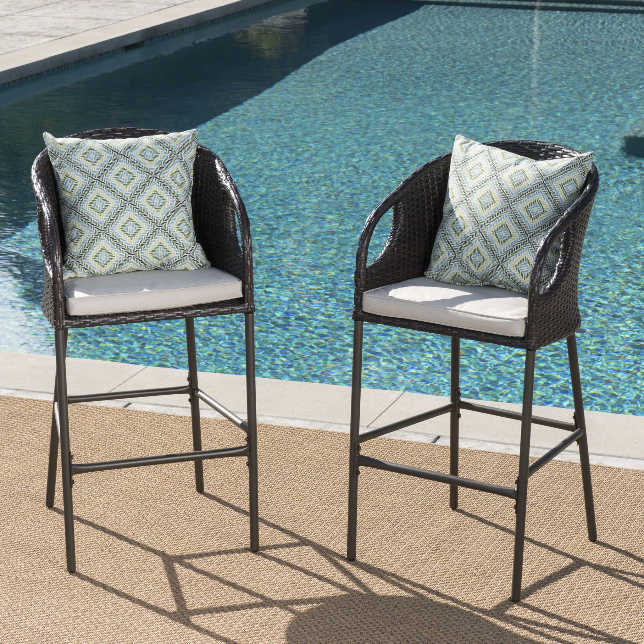 Outdoor 31&quot; Rattan Barstools With Waterproof Cushions (Set of 2) - Multi Brown