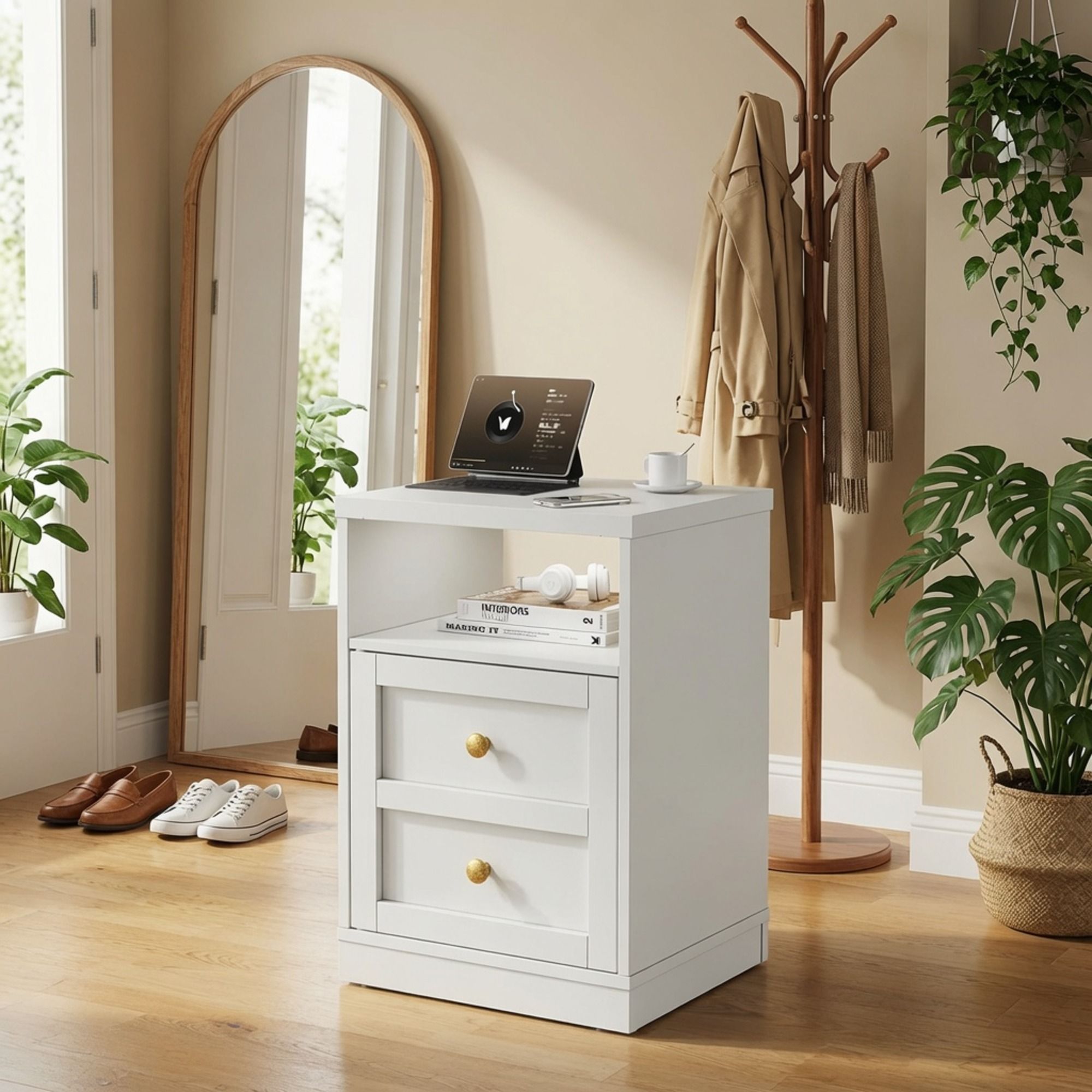 Nightstand With Door &amp; Shelf, 2 Drawer Side Table