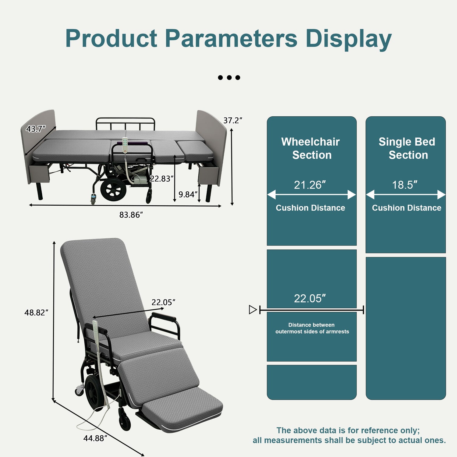 Dual Motor 3 In 1 Electric Nursing Bed Convertible To Wheelchair &amp; Stretcher - Gray