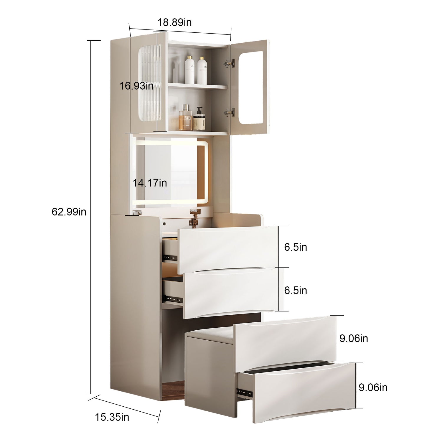 3 In 1 Vanity Table With LED Mirror &amp; Storage Stool For Bedroom