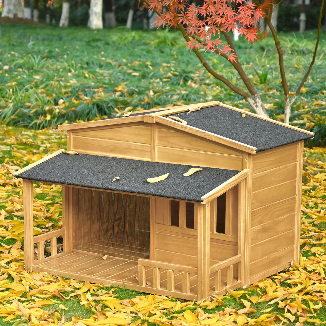 Wooden Dog House, Outdoor &amp; Indoor Dog Crate, Pet Kennel With Porch, Weatherproof, Medium - Nature