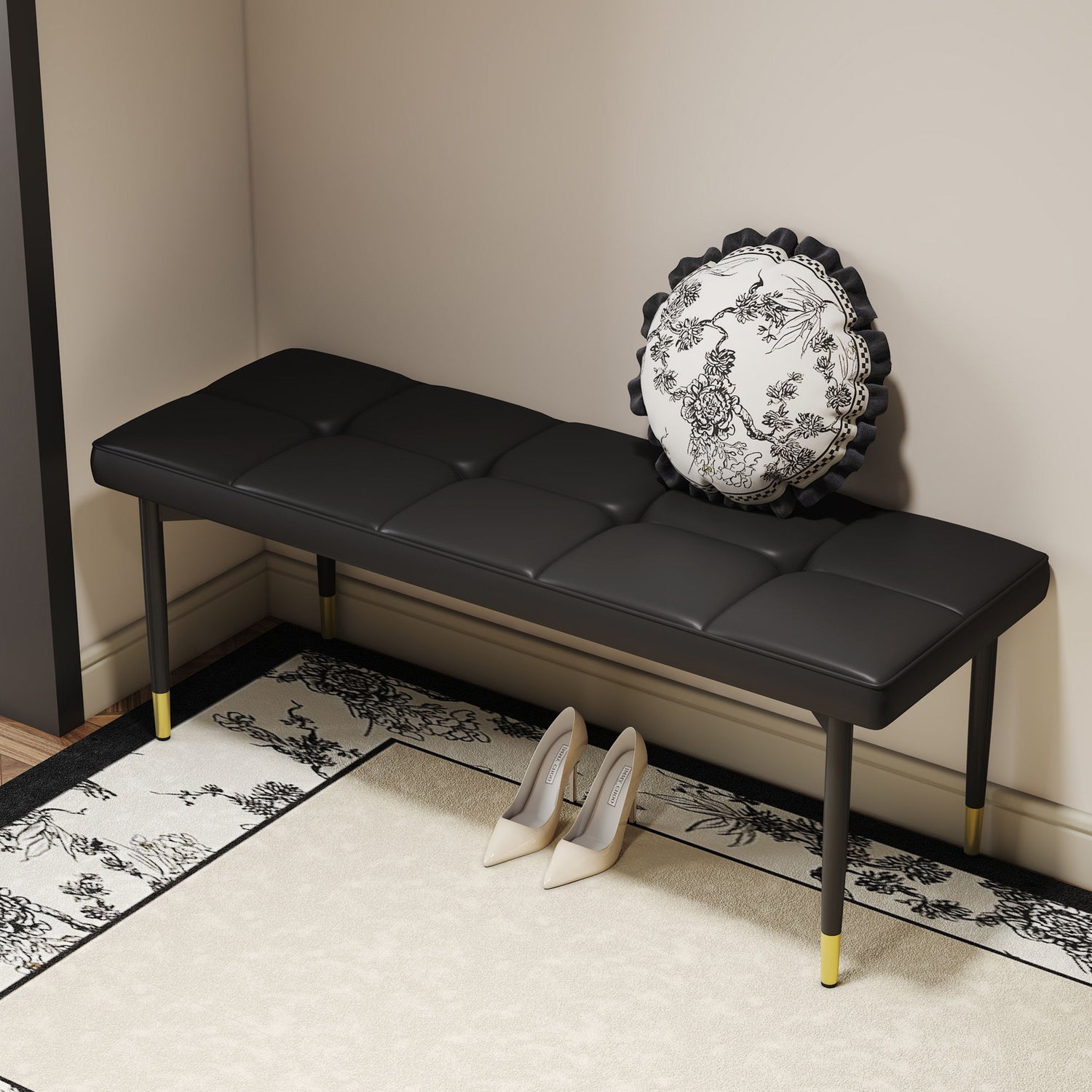 Multifunctional Shoe Bench, Sturdy Metal Legs With Gold Accents - Black