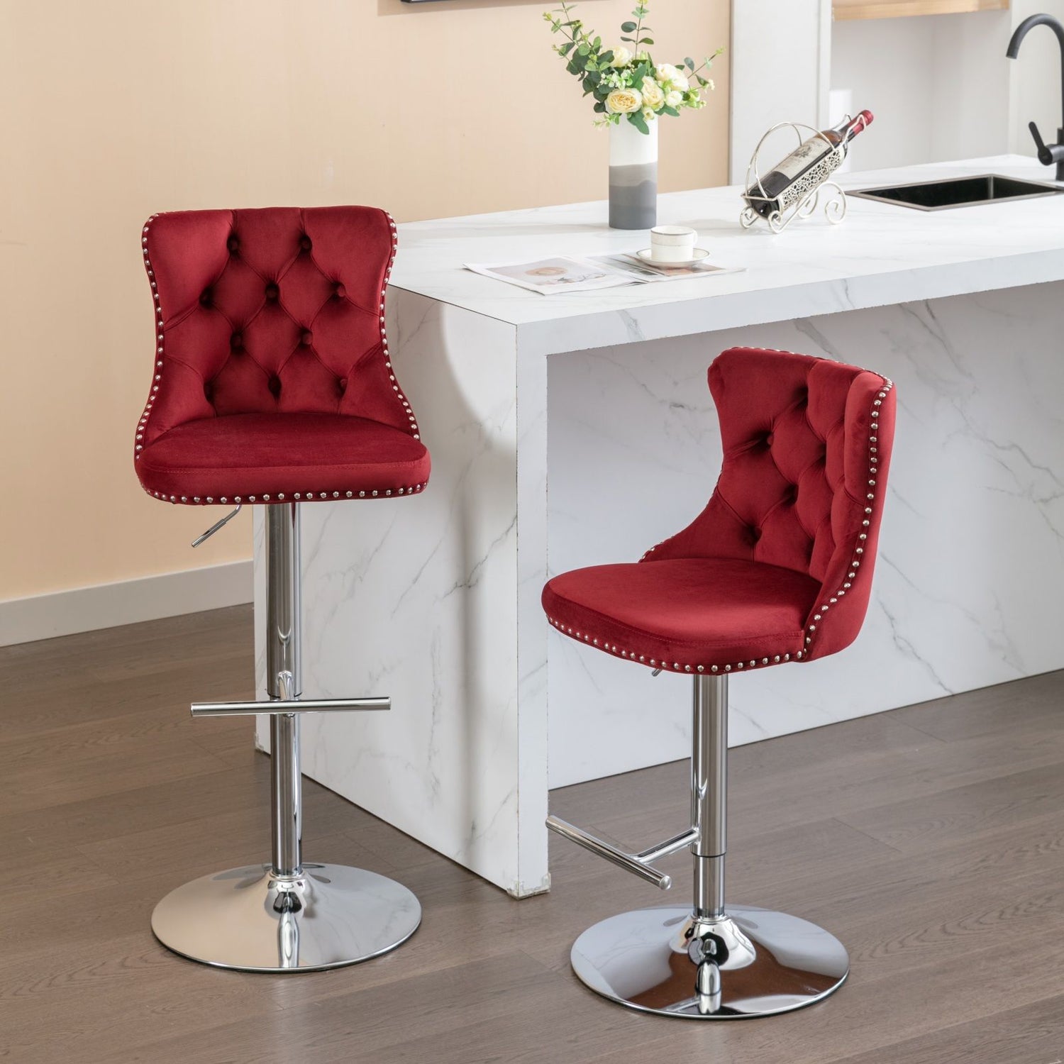 Swivel Velvet Barstools Adjusatble Seat Height From 25-33&quot;, Modern Upholstered Chrome Base Bar Stools With Backs Comfortable Tufted For Home Pub And Kitchen Island (Set of 2)