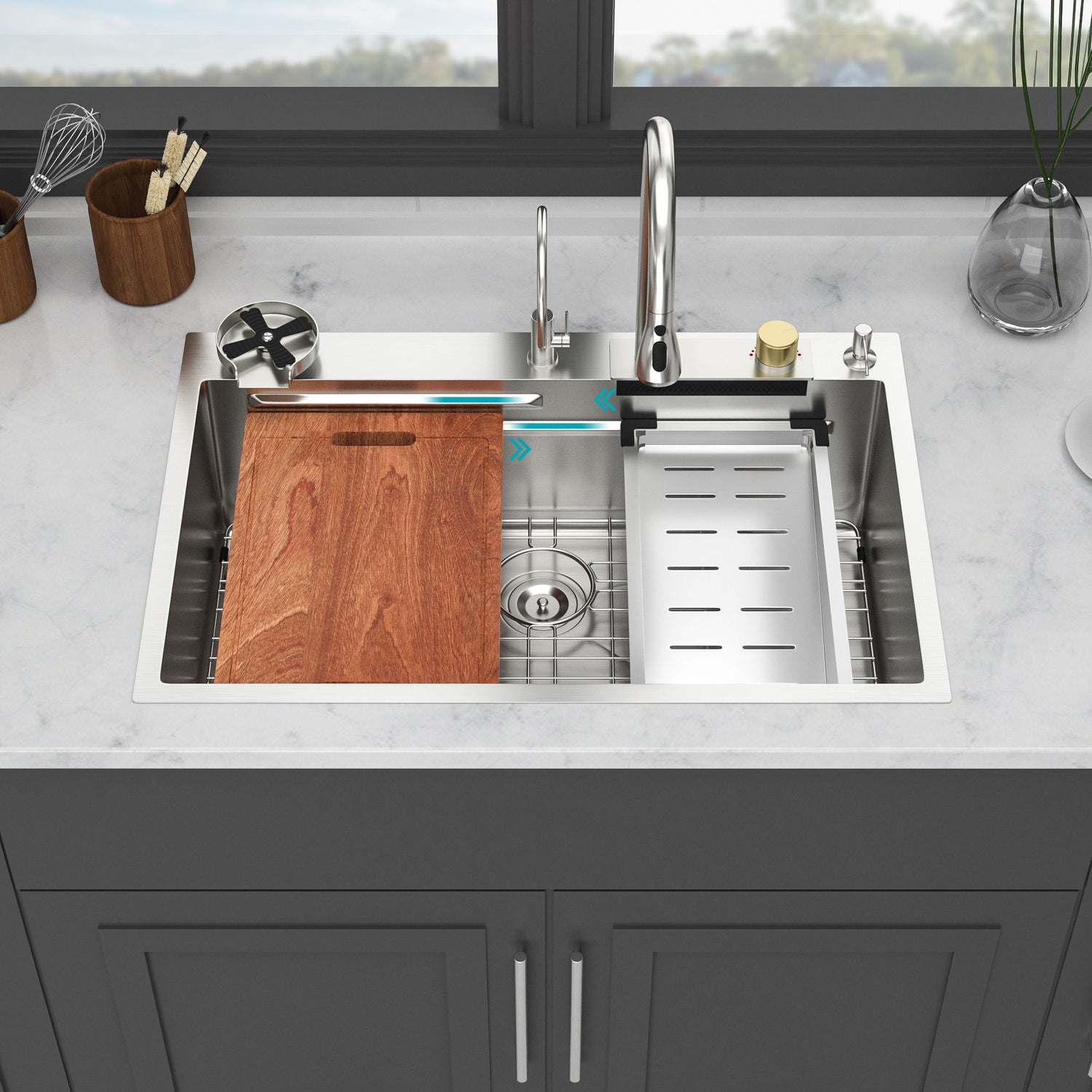 Waterfall Kitchen Sink With Pull Out Faucet &amp; Cup Washer