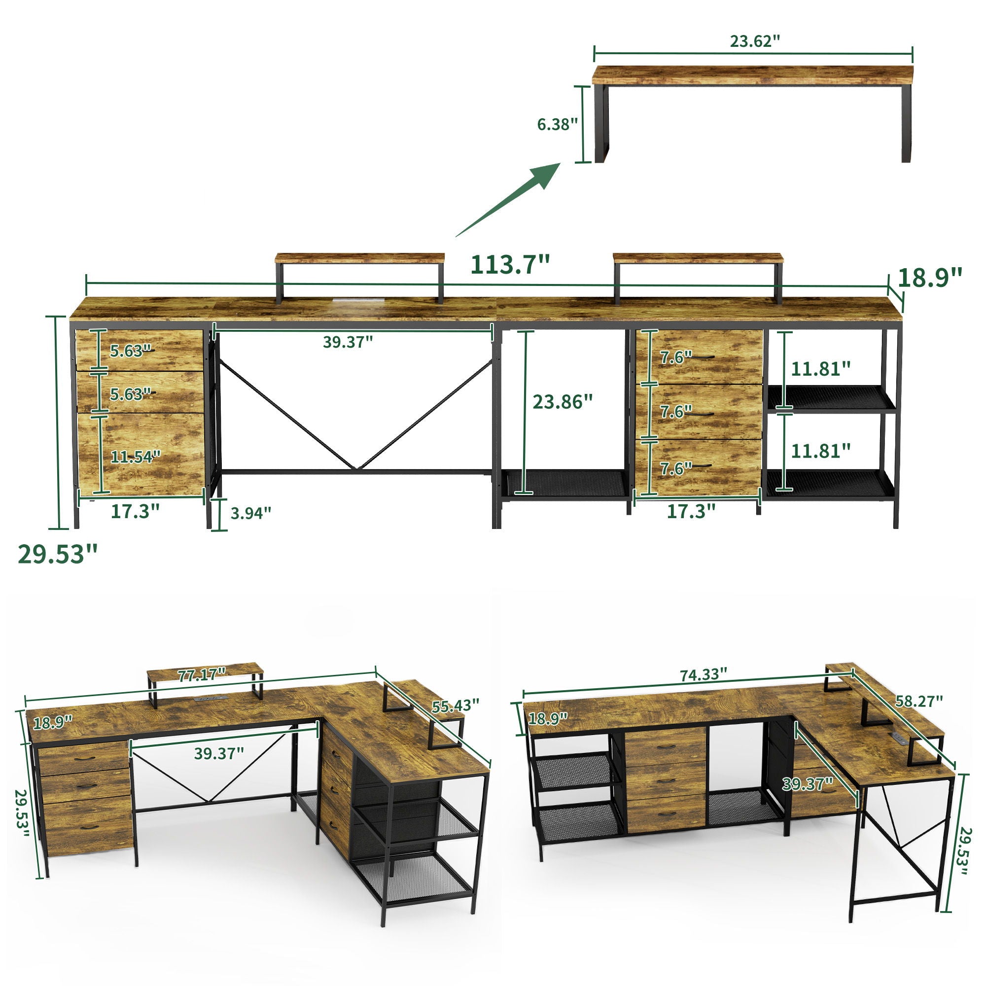 Industrial L Shaped Computer Desk With Power Outlets &amp; USB-C, 6 Fabric Drawers, 3 Open Shelves, Movable Monitor Stands - Brown