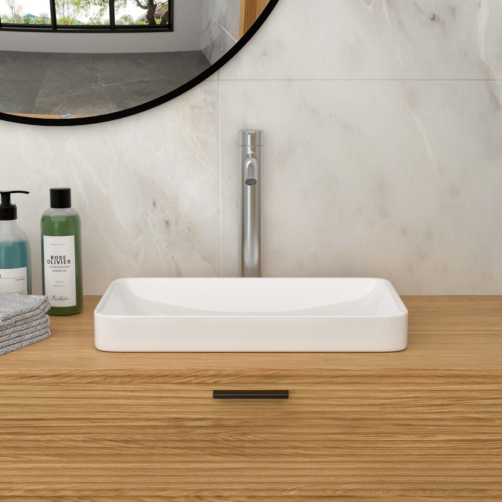 Semi Recessed Bathroom Sink With Countertop Vessel Design, 19&quot; X 12&quot; - White