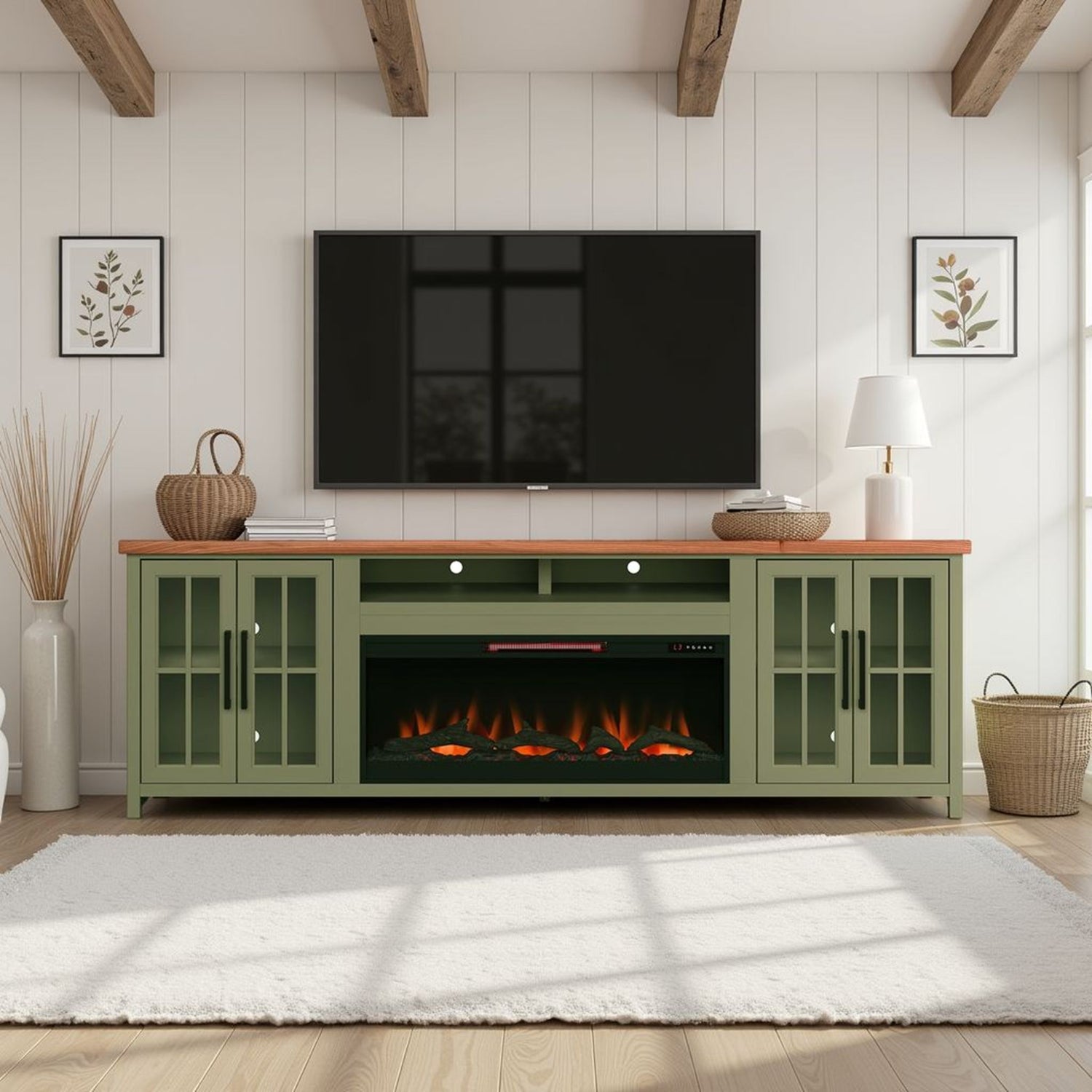 Vineyard - 97&quot; Fireplace TV Stand Console For TVs Up To 100&quot; - Sage Green And Fruitwood Finish