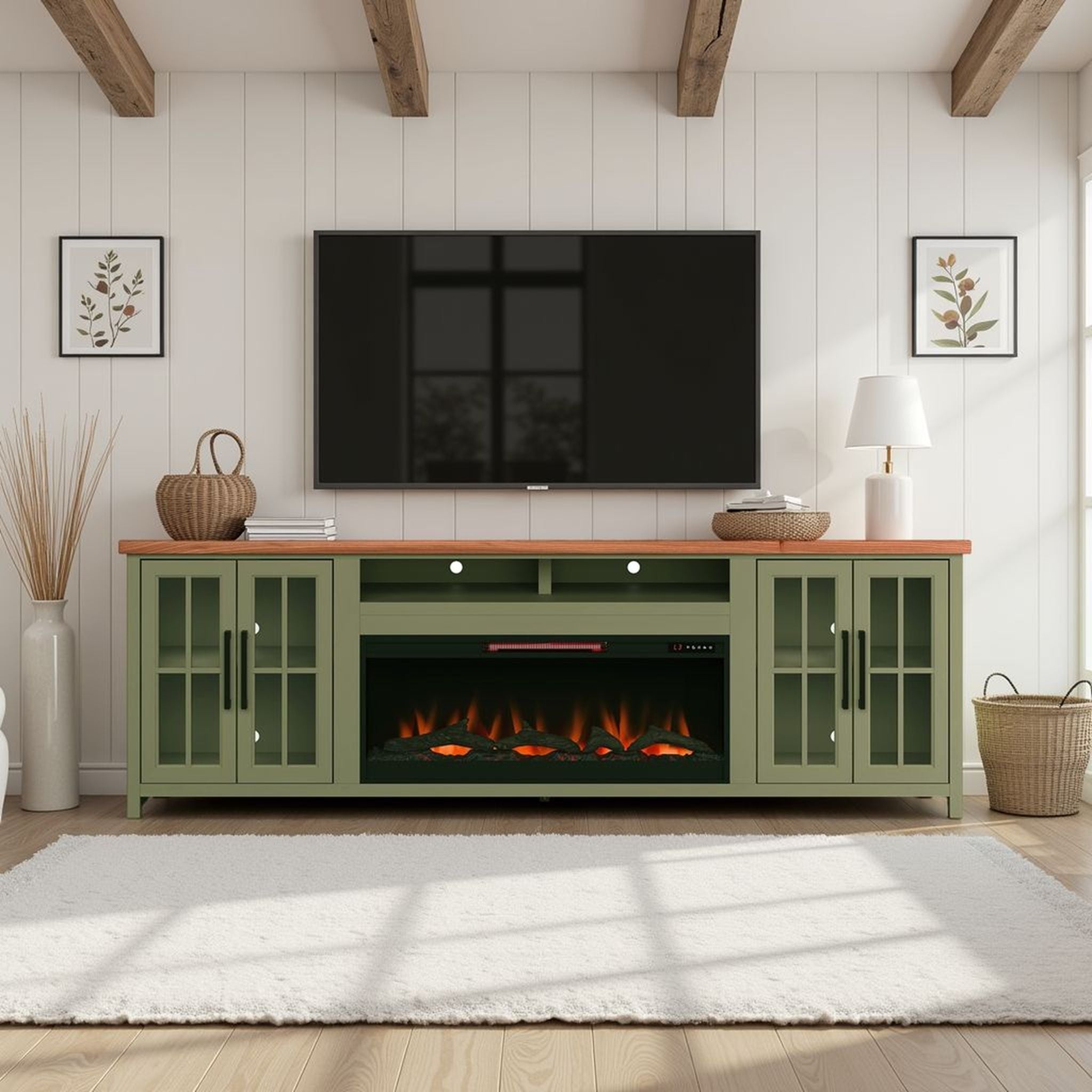 Vineyard - 97&quot; Fireplace TV Stand Console For TVs Up To 100&quot; - Sage Green And Fruitwood Finish