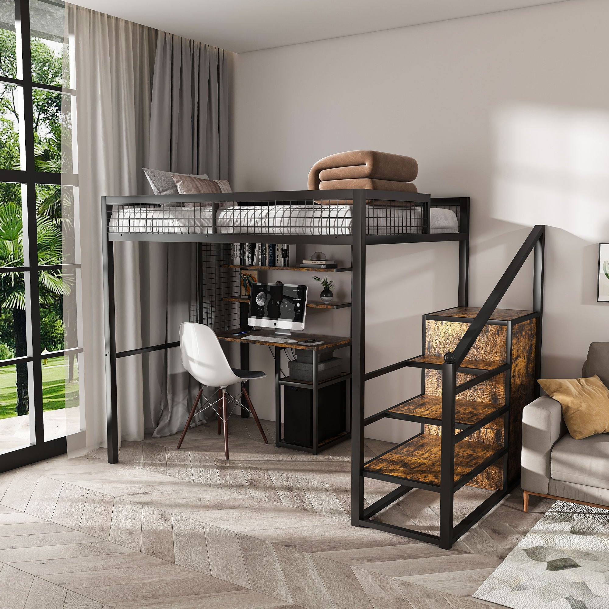 Full Size Loft Bed With Desk &amp; Wardrobe Heavy Frame, Built In Staircase, Storage Rack &amp; Shelves Gaming Bed - Black