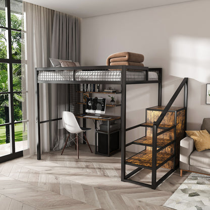 Full Size Loft Bed With Desk &amp; Wardrobe Heavy Frame, Built In Staircase, Storage Rack &amp; Shelves Gaming Bed - Black