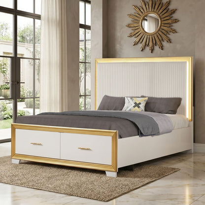 Obsession - Queen Size Bed With LED Headboard And Footboard Storage Drawer - White