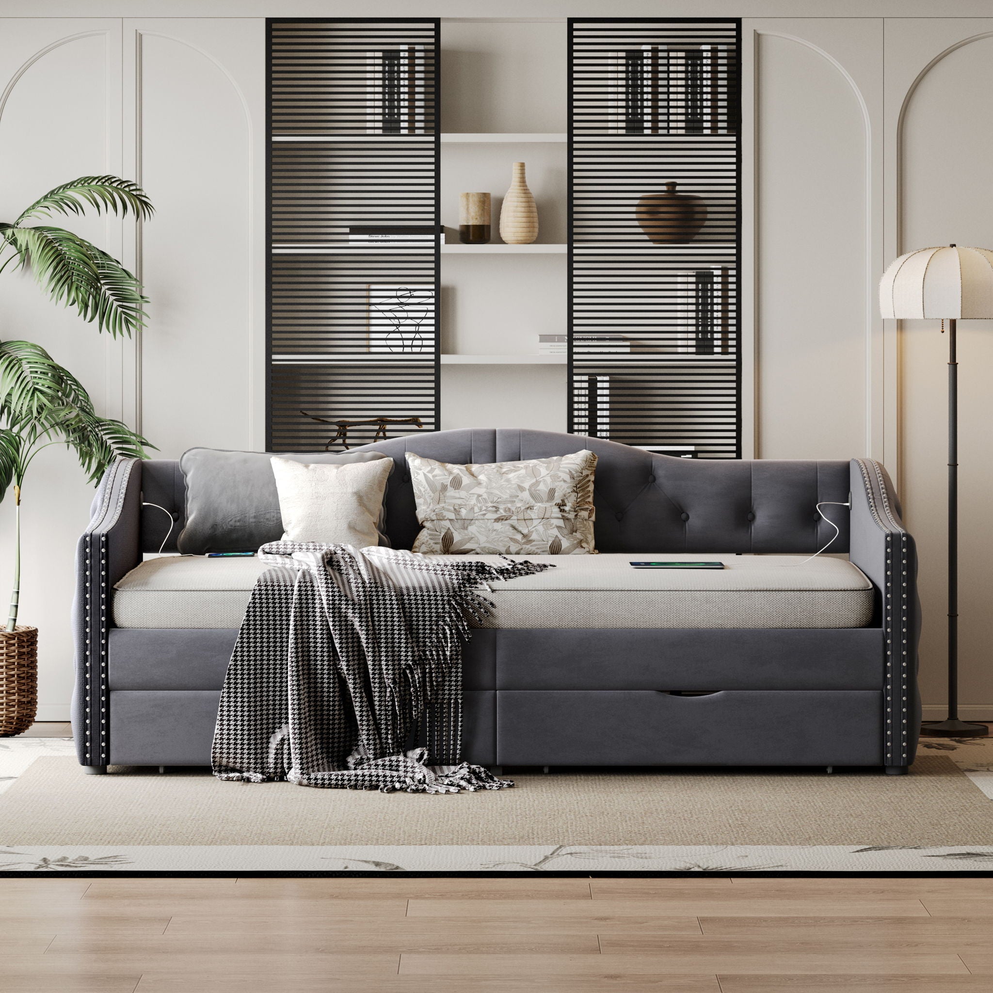 Full Size Bed Frame, Upholstered Cloud Bed Frame With Headboard, 2 Storage Drawers And 2 USB Charging Design, No Box Spring Needed - Gray
