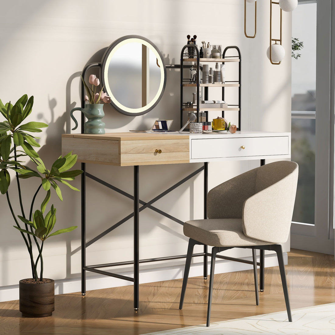 Makeup Vanity Desk With 3-Mode Lighted Mirror &amp; Wireless Charging Station, Vanity Table With Drawer &amp; 3 Open Shelves For Ample Storage Space, Dressing Table For Bedroom