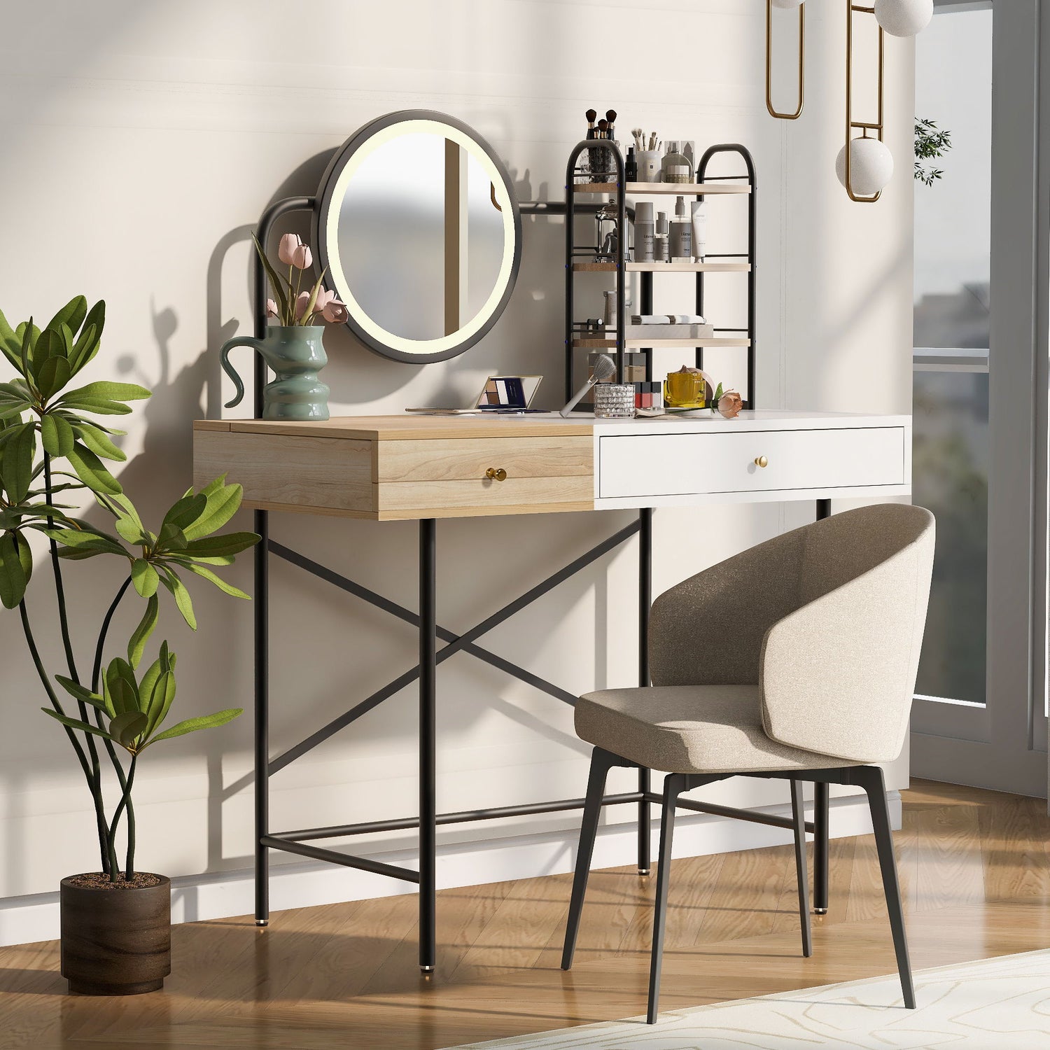Makeup Vanity Desk With 3-Mode Lighted Mirror &amp; Wireless Charging Station, Vanity Table With Drawer &amp; 3 Open Shelves For Ample Storage Space, Dressing Table For Bedroom