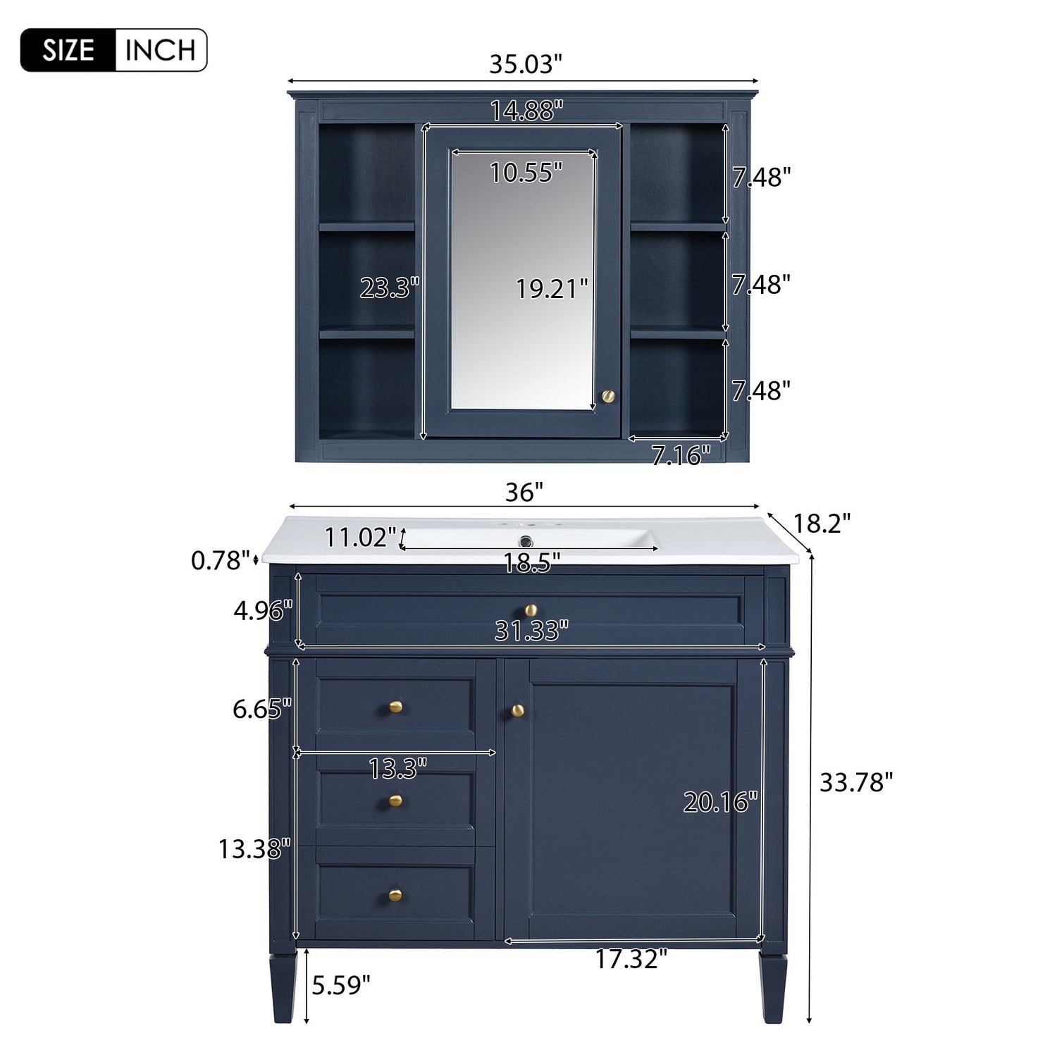 Bathroom Vanity With Mirror Cabinet, Single Sink With 2 Soft Closing Doors And 4 Drawers