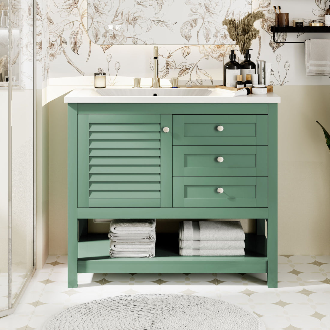 Bathroom Vanity With Undermount Sink, Free Standing Vanity Set With 2 Drawers &amp; Soft Closing Doors, Bathroom Storage Cabinet With Feet - Green
