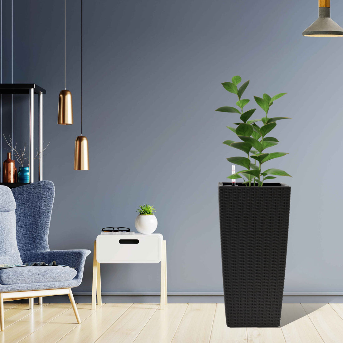 Elegant Square Planter With Automatic Watering System, Faux Rattan Design, Polypropylene (Set of 2) - Black