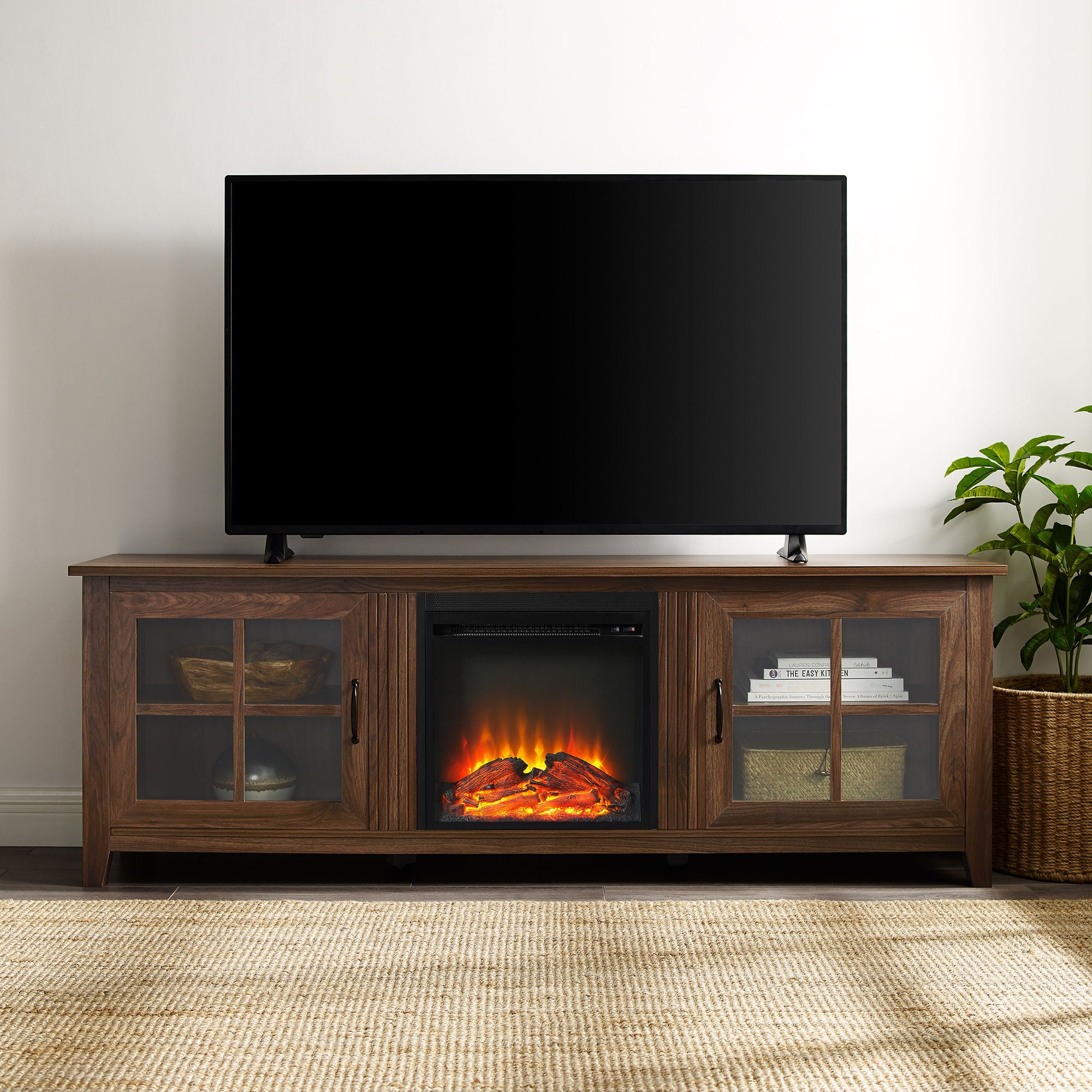 Modern Farmhouse 2 Door Glass Windowpane 70&quot; TV Stand For 80&quot; TVs