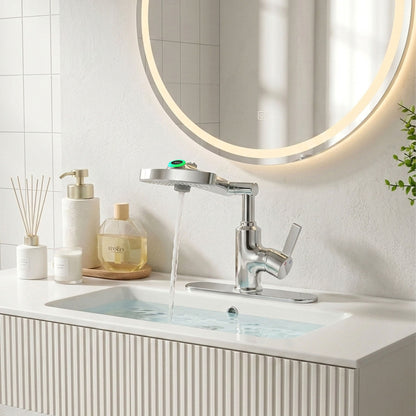 LED Temperature Display Bathroom Faucet With 3 Water Modes &amp; 360° Rotating Spout - Chrome