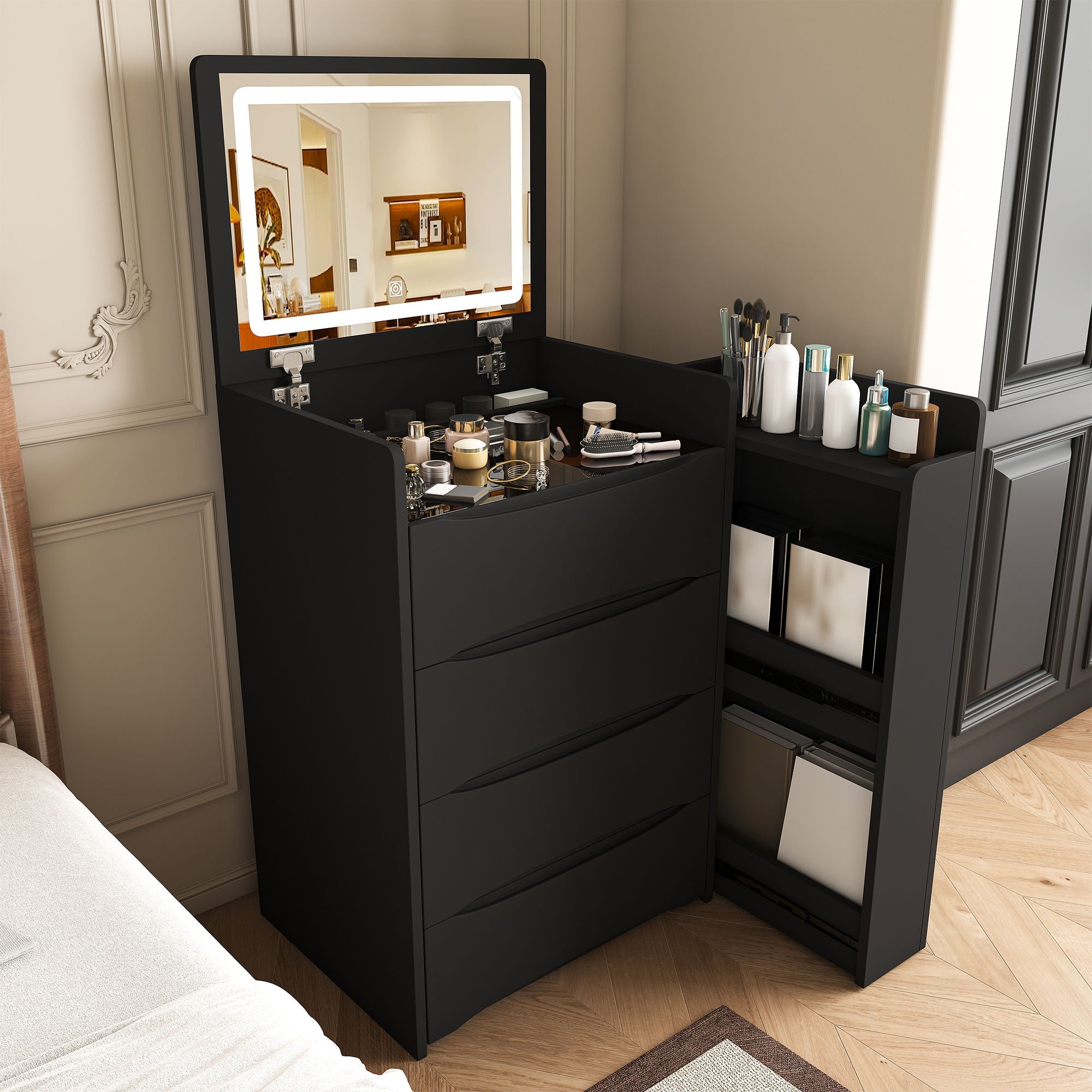 Flip Mirror Vanity Desk With Adjustable LED Lights &amp; Stool For Bedroom