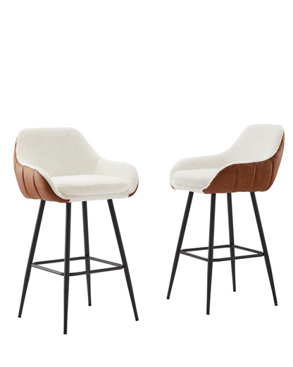 Modern Counter Height Bar Stools (Set of 2), Mid-Century Leather Upholstered Accent Arm Bar Stools, Leisure Side Chair With Metal Legs For Kitchen &amp; Dining Room - Dark Brown / White