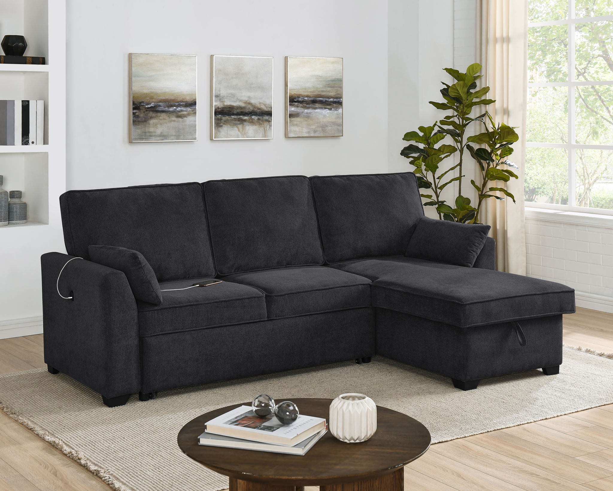 Ember - 92&quot;W Fabric Sleeper Sectional with Reversible Storage Chaise