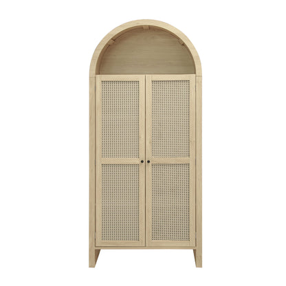 Tall Arched Kitchen Pantry, Arched Storage Display Cabinet With 2 Drawers &amp; Adjustable Shelves, Rattan Door Versatile Storage Cabinet For Kitchen, Dining Room - Natural