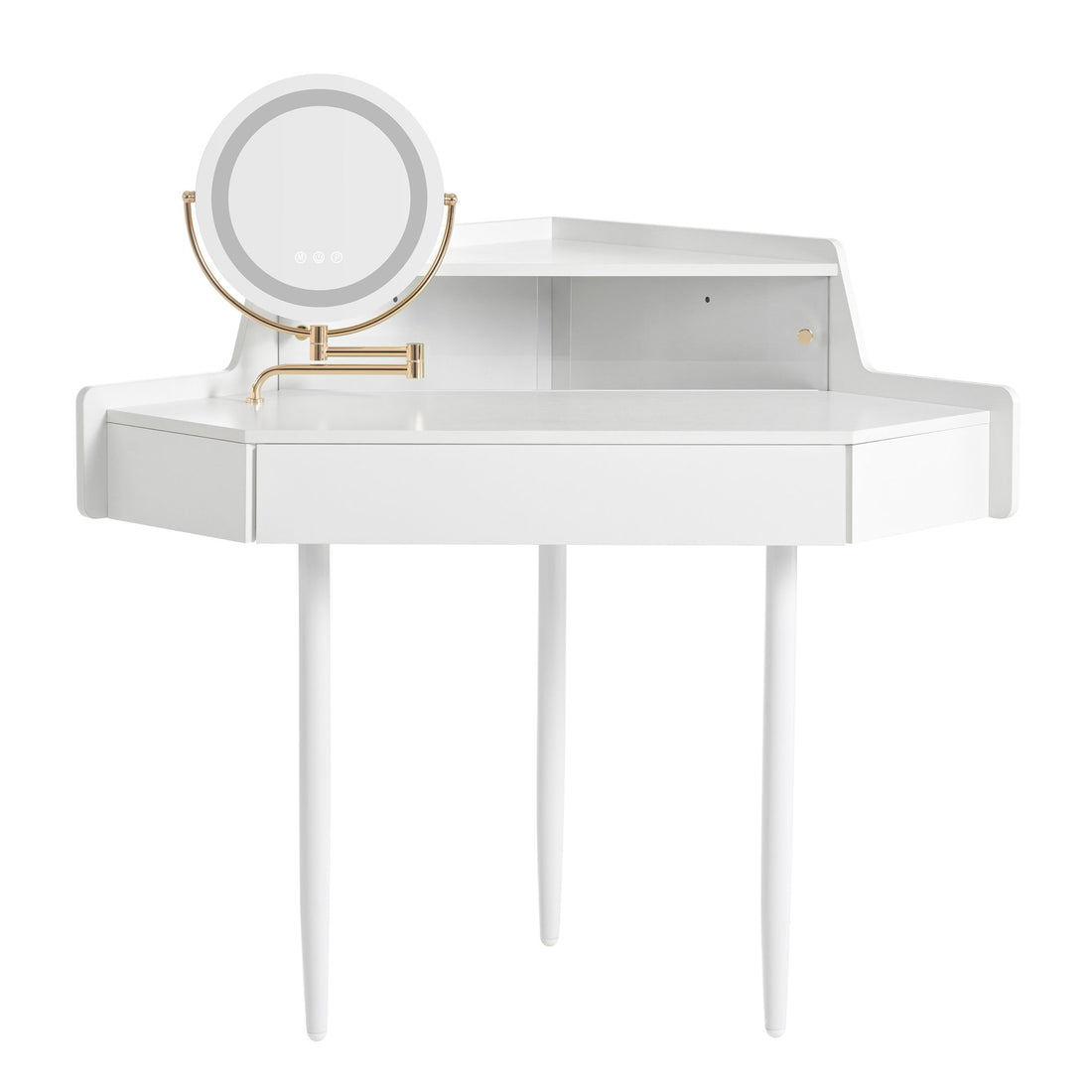 Modern Corner Makeup Vanity Desk With Large Storage, LED Mirror &amp; Stool, Adjustable Brightness, Space Saving - White