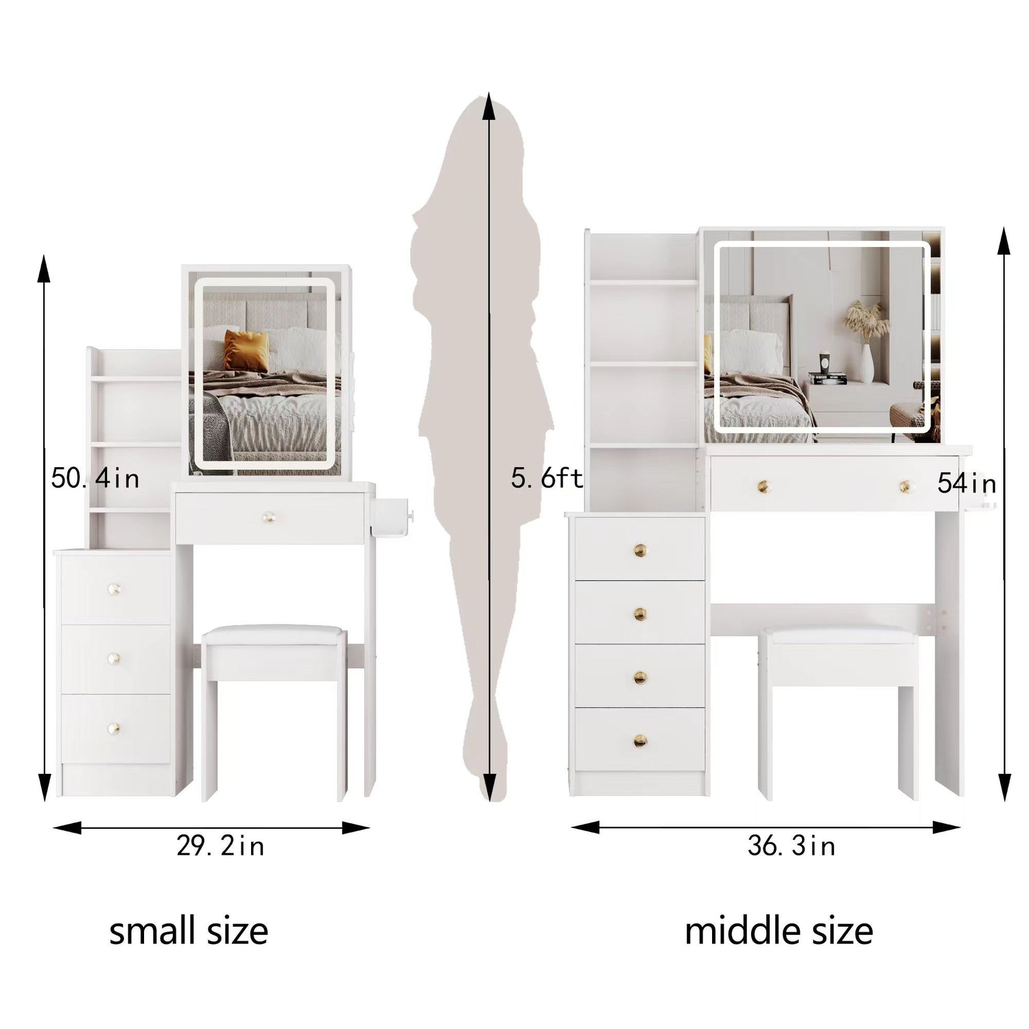 Cabinet Vanity Table &amp; Cushioned Stool, USB Power Station, Hair Dryer Bracket - White