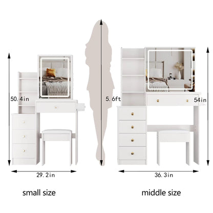 Cabinet Vanity Table &amp; Cushioned Stool, USB Power Station, Hair Dryer Bracket - White