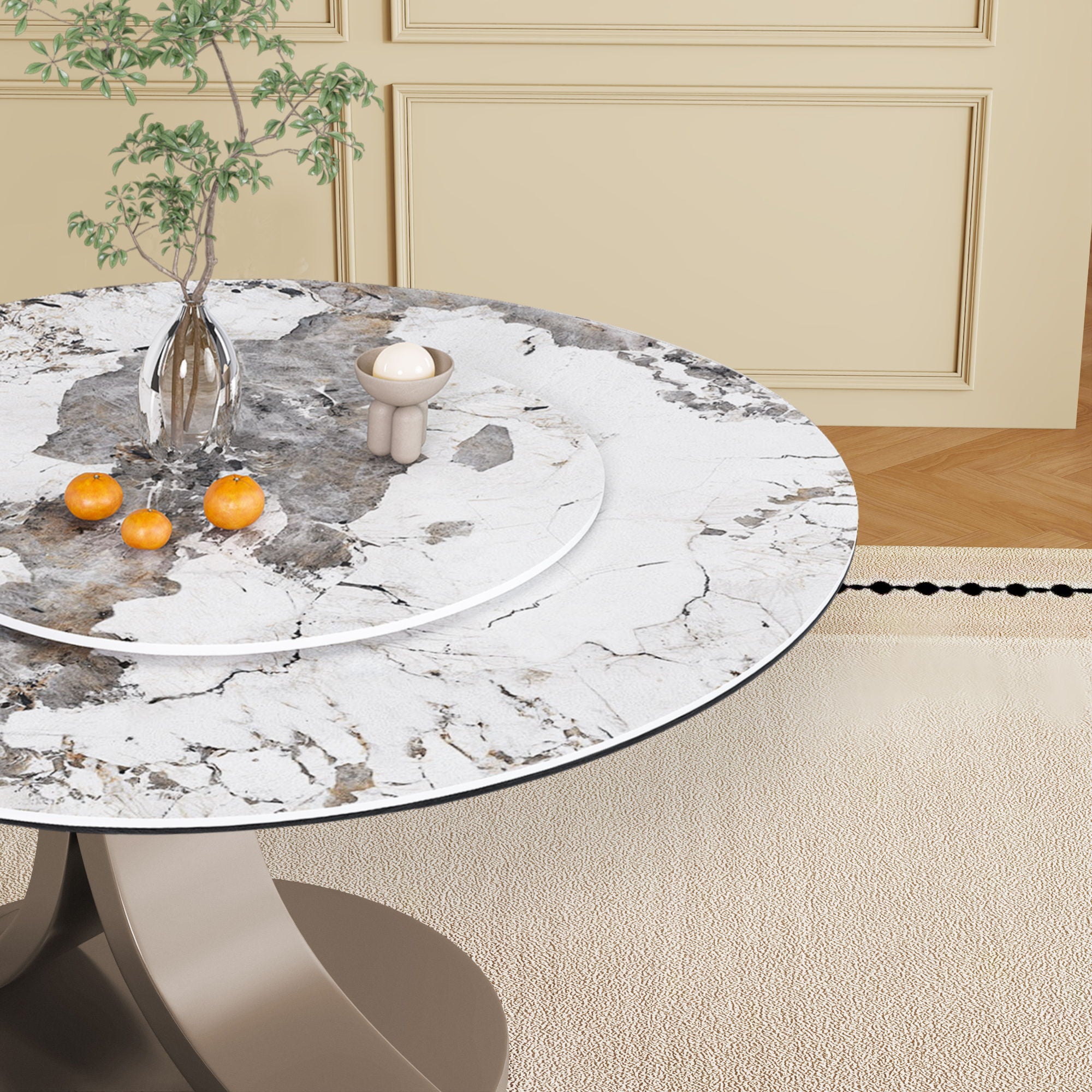 Modern Round Dining Table With 360° Rotating Lazy Susan Scratch &amp; Chairs