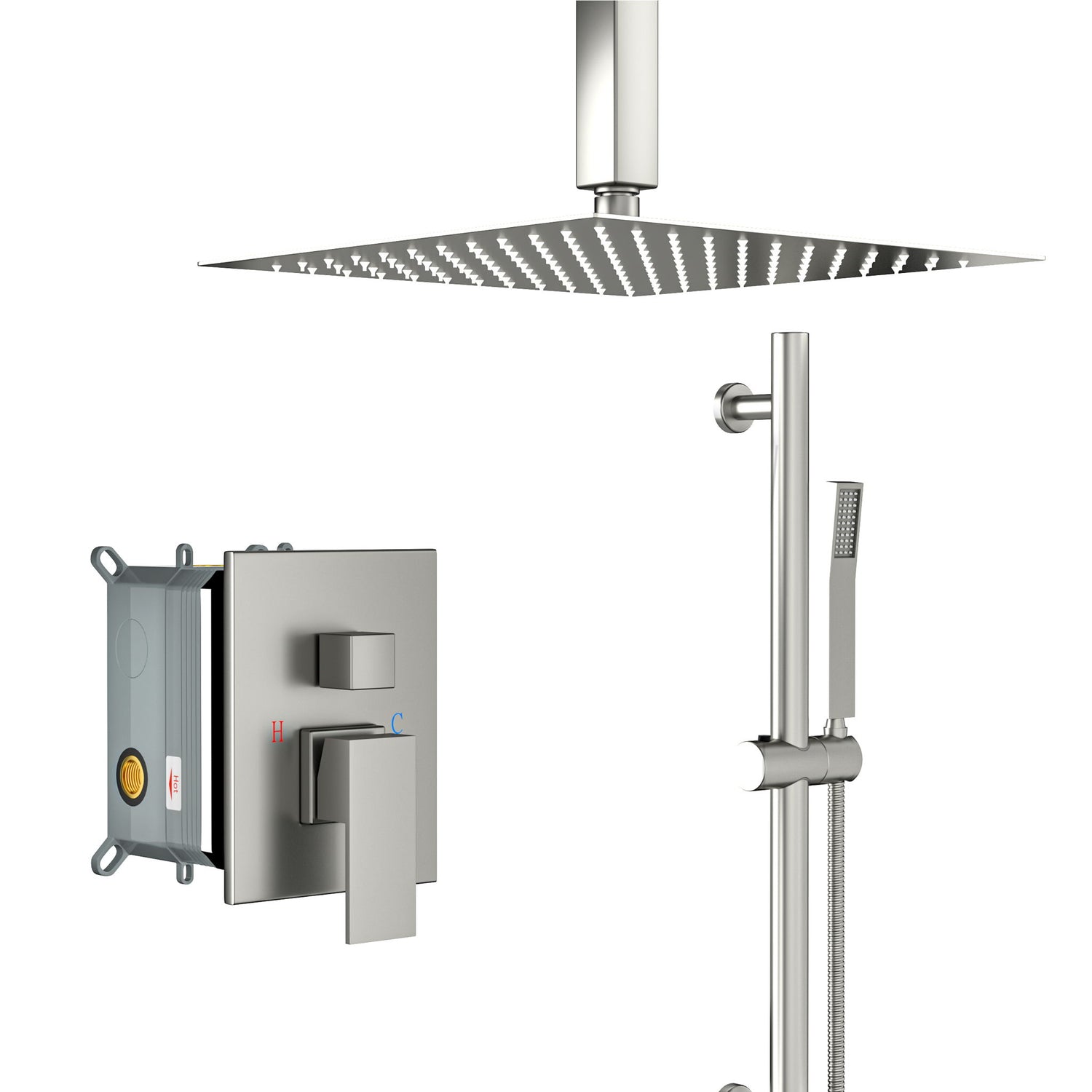 Ceiling Mounted Square Shower System With Adjustable Slide Bar, 16&quot; Rainfall Shower With Handheld - Brushed Nickel