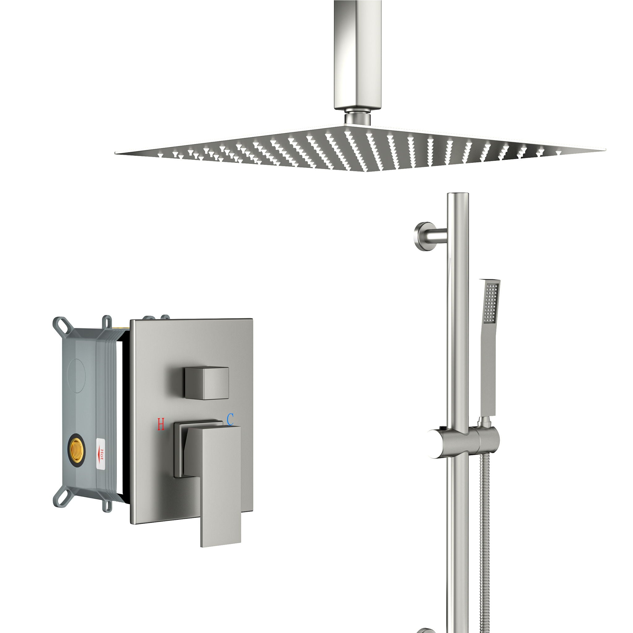Ceiling Mounted Square Shower System With Adjustable Slide Bar, 16&quot; Rainfall Shower With Handheld - Brushed Nickel