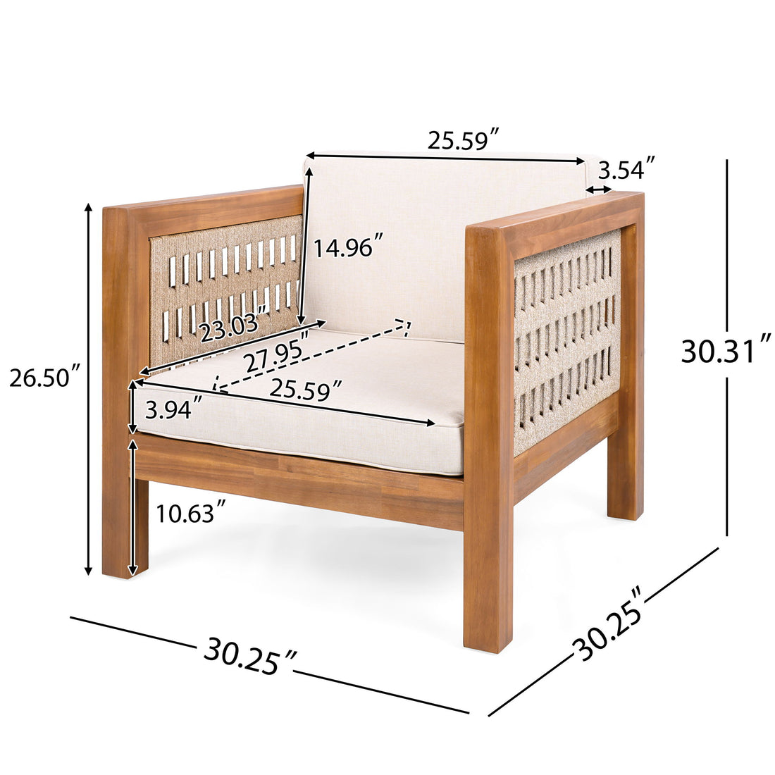 Outdoor Club Chair &amp; Rope Arm And Cushions - Beige / Teak