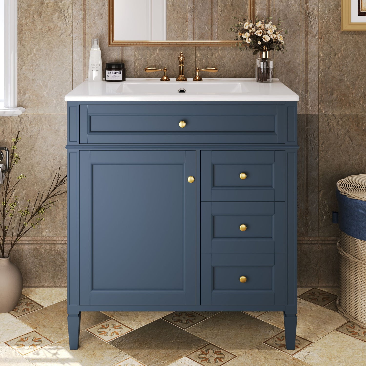 Bathroom Vanity With Top Sink, 2 Drawers &amp; Tip Out Drawer