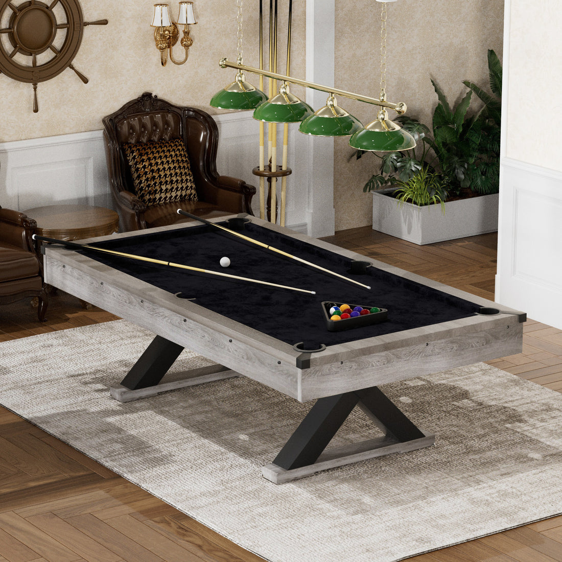 84&quot; Pool Table with Billiard Balls, Cues, Pool Cue Chalk, Cleaning Brush, X-Legs, Black Cloth, Rustic Grey,84.1&quot;L x 46.5&quot;W x 32&quot;H