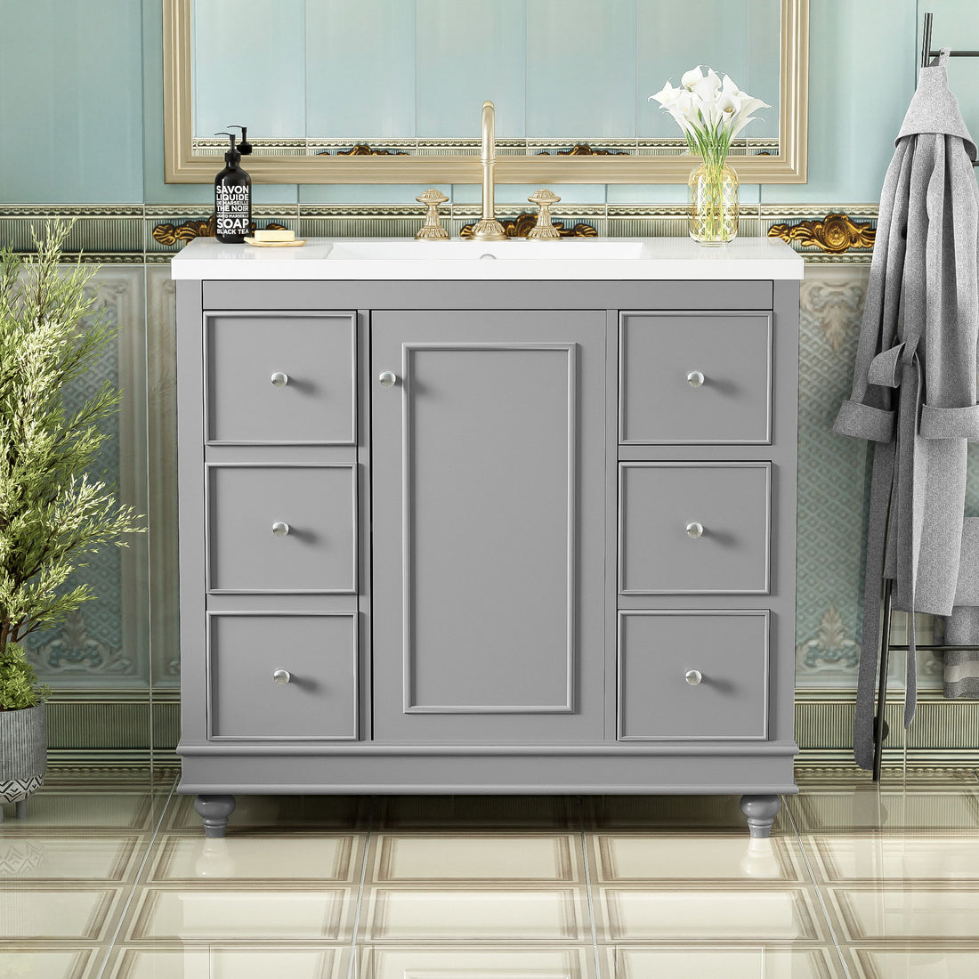 Contemporary Bathroom Vanity Cabinet, 4 Drawers &amp; 1 Cabinet Door, Multipurpose Storage, Resin Integrated Sink, Adjustable Shelves, Solid Wood Frame With MDF